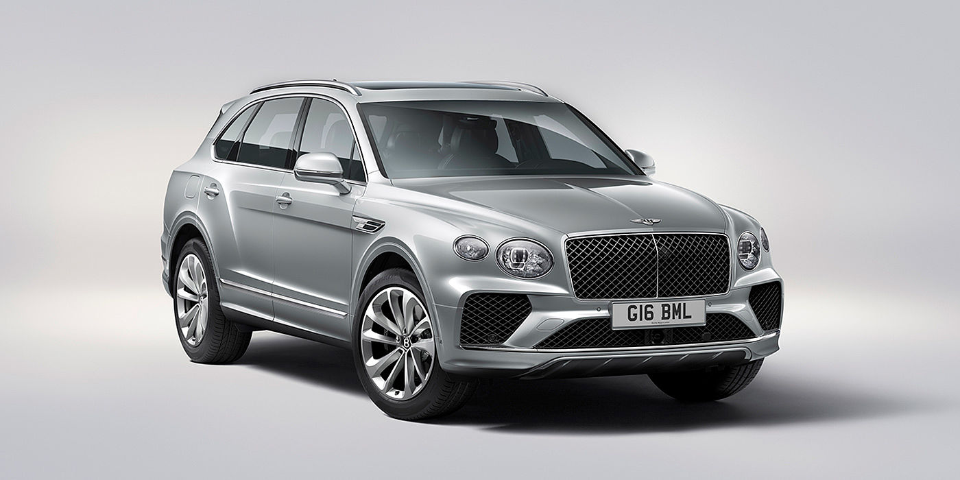 Bentley Shenzhen - Luohu Bentley Bentayga in Moonbeam paint, front three-quarter view, featuring a matrix grille and elliptical LED headlights.