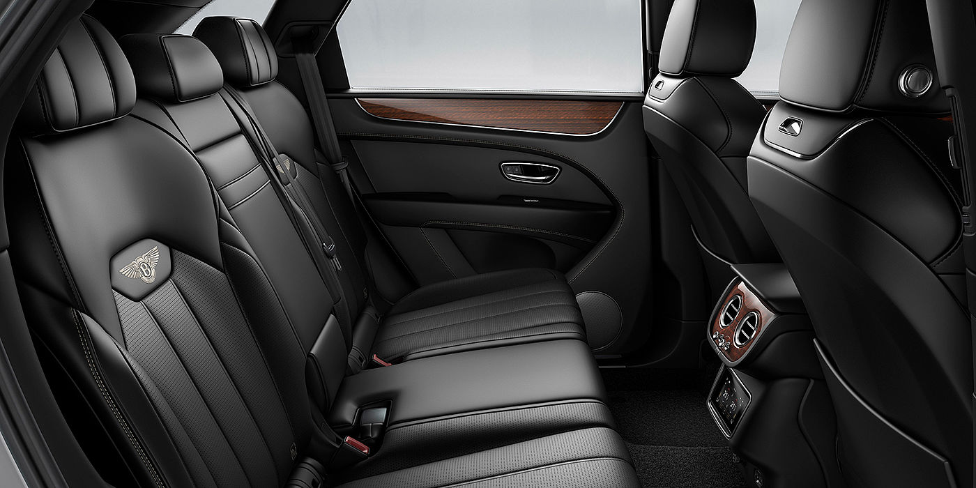 Bentley Shenzhen - Luohu Bentey Bentayga interior view for rear passengers with Beluga black hide.